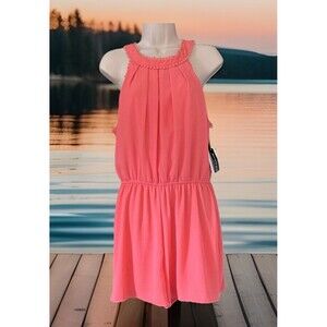 Society Girl Coral Coast Crepe Romper Lined Elastic Waist PomPoms L NWT